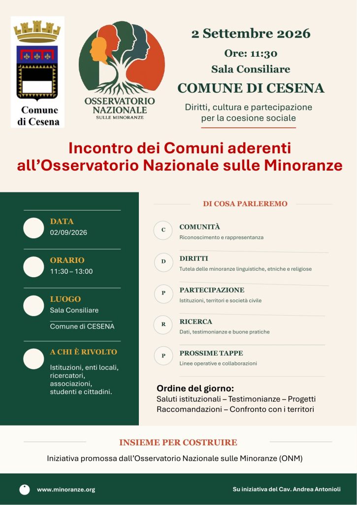 Locandina dell’incontro dei Comuni aderenti all’Osservatorio, Cesena 2 settembre 2026